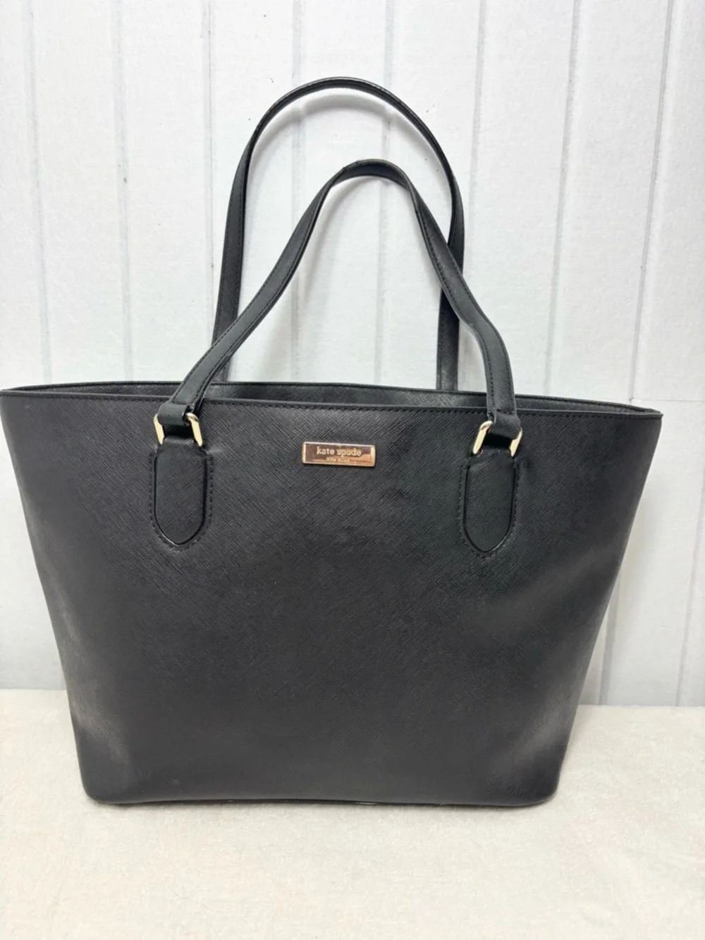 Kate Spade New York  Leather Cow Black Saffiano Tote with Gold Plaque‎
